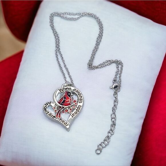 Red Cardinal Bird Silver Heart Necklace Memory Angels Near Pendant Jewelry New - Picture 3 of 6